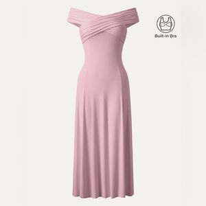 New OGL Eco-SkinKiss® Flowy Criss Cross Off-shoulder Midi Brami Dress Rose Mauve